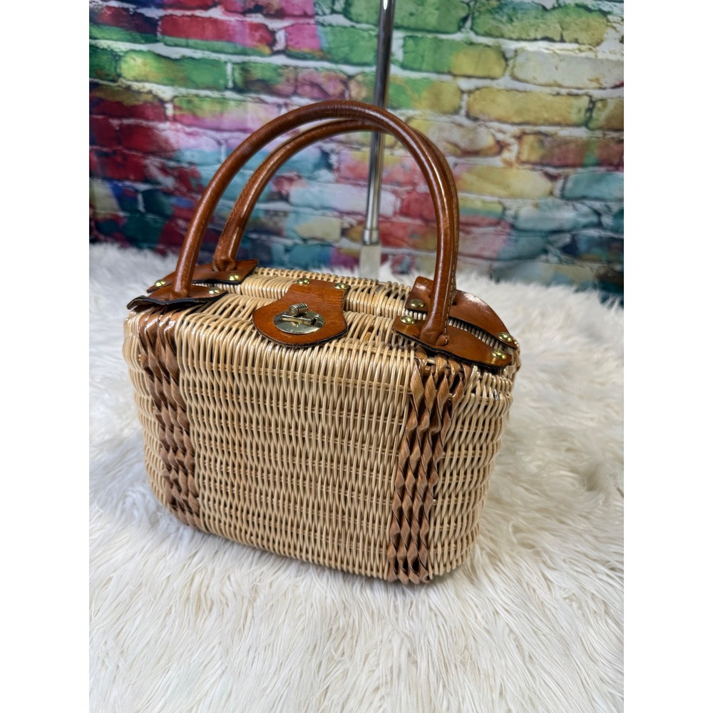 Simon Vintage Wicker Handbag Leather Trim Woven Basket Bag Tan Brown Satchel